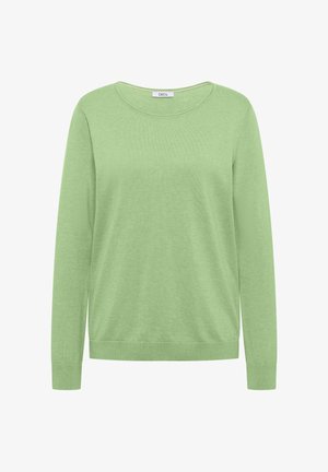 Jasnozielony sweter z długim rękawem i okrągłym dekoltem, ze ściągaczami na mankietach i dole, wykonany z dzianiny, z oznaczeniem "CECIL" przy szyi.