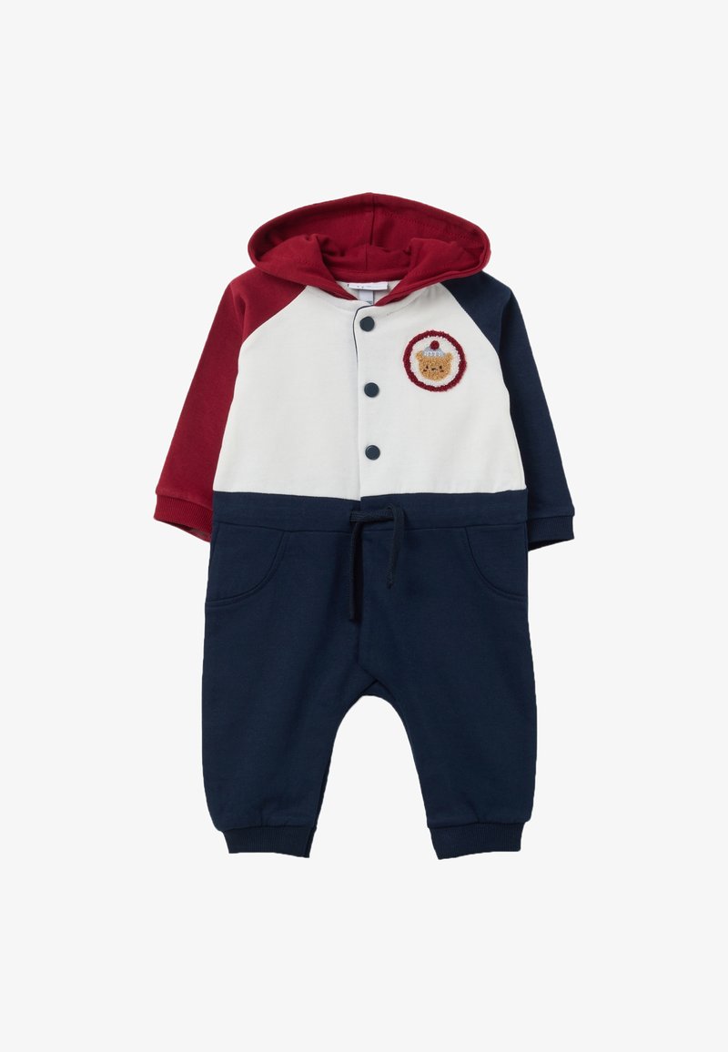 Monopatín con capucha y parte superior blanca, mangas rojas y parte inferior azul marino. Presenta un parche bordado y cintura con cordón, fabricado en tela suave.