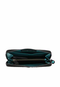 Portefeuille noir à fermeture éclair intégrale avec intérieur turquoise. Comprend des emplacements pour cartes, une poche à pièces zippée et une finition en cuir lisse et texturé.