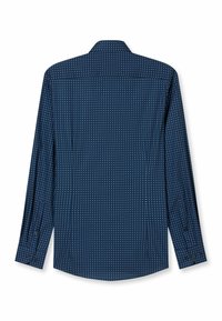 Marineblaues Langarmhemd mit weißem geometrischem Muster, geknöpften Manschetten und klassischem Kragen. Glatte Textur, maßgeschneiderte Passform.