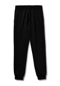 Schwarze Jogginghose mit weicher Textur, elastischem Bund und taillierten Bündchen. Schlichtes Design, keine sichtbaren Muster oder Verzierungen.