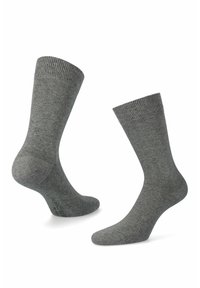 Szare skarpetki wykonane z miękkiego, teksturowanego materiału. Projekt charakteryzuje się prążkowanym ściągaczem oraz gładkim ciałem ze wzmocnioną piętą i palcami.