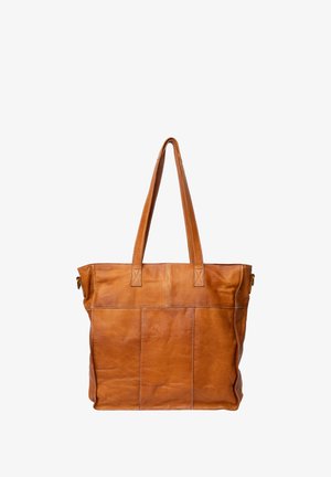Borsa tote in pelle color tan con due manici superiori, caratterizzata da una texture liscia, forma rettangolare e dettagli cuciti sulla parte anteriore e sui lati.