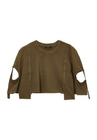 T-shirt cropped verde oliva realizzato in tessuto leggero. Presenta maniche con aperture e dettaglio con nodo di lato. Texture liscia, design casual.