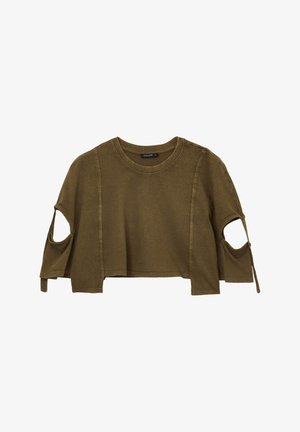 T-shirt cropped verde oliva realizzato in tessuto leggero. Presenta maniche con aperture e dettaglio con nodo di lato. Texture liscia, design casual.