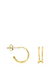 Goldene Creolen mit glatter, polierter Oberfläche. Sie verfügen über ein gewundenes Design und einen sicheren Verschluss für ein einfaches Tragen.