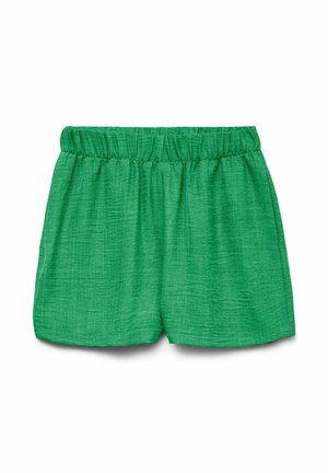 Shorts tissés verts avec une taille élastique, en tissu texturé et à coupe ample, présentant un design simple sans accents supplémentaires.