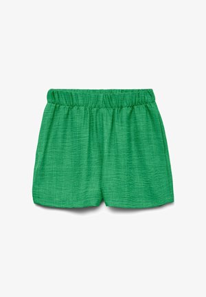 Shorts tissés verts avec une taille élastique, en tissu texturé et à coupe ample, présentant un design simple sans accents supplémentaires.