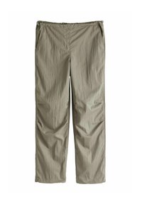 Pantalon droit vert olive clair avec taille élastique et poches latérales, en tissu léger légèrement texturé.