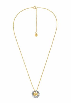 Gouden ketting met een ronde hanger met een zilveren halo en gegraveerd "MK" logo,accentueert met heldere kristallen.