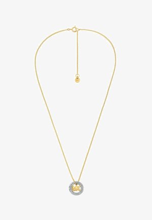 Gouden ketting met een ronde hanger met een zilveren halo en gegraveerd "MK" logo,accentueert met heldere kristallen.