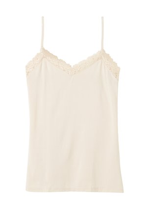 Beige camisole met verstelbare spaghettibandjes en kantafwerking langs de halslijn. Gladde stof met een aansluitende pasvorm en geen patronen.
