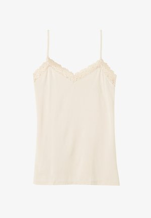 Beige camisole met verstelbare spaghettibandjes en kantafwerking langs de halslijn. Gladde stof met een aansluitende pasvorm en geen patronen.