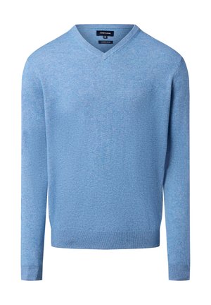 Pull bleu clair à col en V à manches longues, en mélange de cachemire, avec poignets et ourlet côtelés, présenté sur un fond blanc.