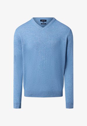 Jasnoniebieski sweter z długim rękawem i dekoltem w serek, wykonany z mieszanki kaszmiru, z prążkowanymi mankietami i dołem, przedstawiony na białym tle.