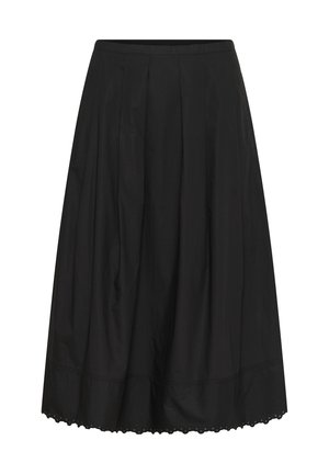 Jupe noire longueur genou avec plis, large ceinture et ourlet festonné avec détails à œillets.