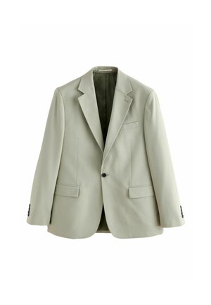 Light gray single-breasted blazer with notch lapels, one black button, two flap pockets, and one chest welt pocket, displayed on white background.