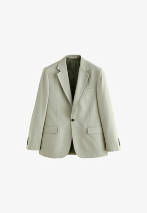 Lysegrå, enkeltknottet blazer med hakkede revers, en sort knap, to klaplommer og en brystlomme, vist på hvid baggrund.