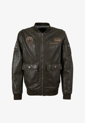 Groene leren bomberjack met twee klepzakken aan de voorkant, ritssluiting, geribbelde manchetten en geborduurde patches op de borst en mouw.