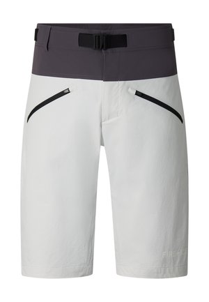 Jasnoszare szorty z ciemnoszarym pasem w talii, czarnym regulowanym paskiem oraz dwoma skośnymi kieszeniami na zamek na przodzie.