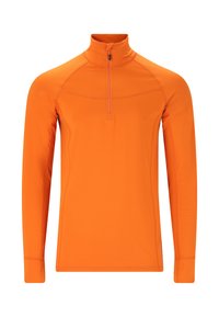 Oranssi pitkähiha pulloveri, jossa on neljännesvetoketjukaulus, saumatonta ompelua, kevyt kangas ja istuva muotoilu. Suuri sileä pinta.