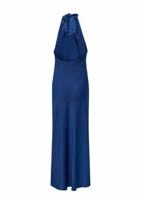 Robe longue bleue à col halter avec un nœud noué au cou et une taille ajustée, présentée sur fond blanc.