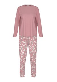 Pink long-sleeve top with round neck, paired with pink pants featuring a white ribbon pattern. Soft, lightweight fabric for comfort.