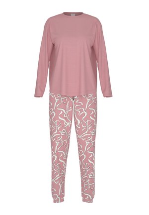 Vaaleanpunainen pitkähihainen paita, jossa on pyöreä kaula-aukko, yhdistettynä vaaleanpunaisiin housuihin, joissa on valkoinen nauhakuvio. Pehmeä ja kevyt kangas mukavuutta varten.