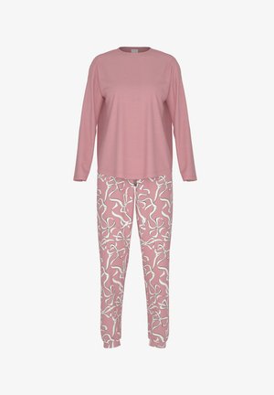 Vaaleanpunainen pitkähihainen paita, jossa on pyöreä kaula-aukko, yhdistettynä vaaleanpunaisiin housuihin, joissa on valkoinen nauhakuvio. Pehmeä ja kevyt kangas mukavuutta varten.