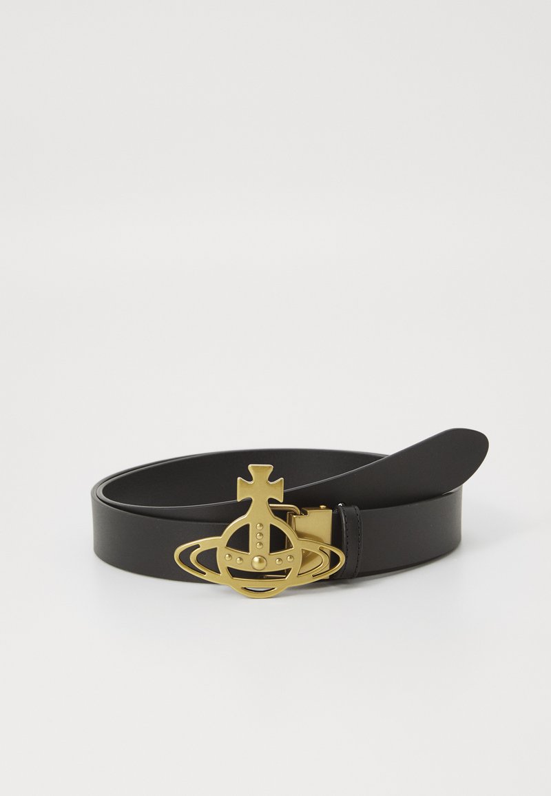 Black leather belt featuring a gold-tone buckle shaped like a spacecraft, with decorative elements and a smooth texture.