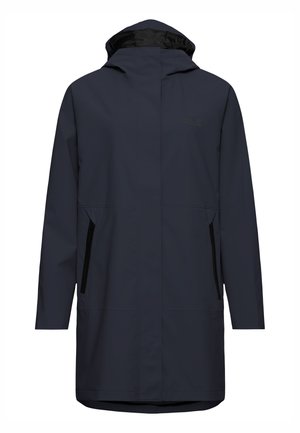 Donkerblauwe waterdichte parka met capuchon, ritssluiting aan de voorkant bedekt met een stormflap en ritssluitingen aan de zijkanten.