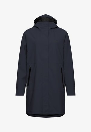Donkerblauwe waterdichte parka met capuchon, ritssluiting aan de voorkant bedekt met een stormflap en ritssluitingen aan de zijkanten.