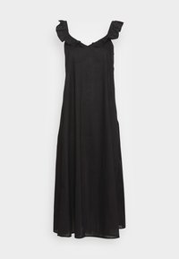 Robe maxi noire sans manches avec bretelles à volants, encolure en V, et une silhouette fluide. Fabriquée en tissu léger pour le confort.