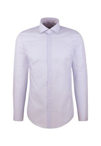 Camicia da uomo a maniche lunghe di colore viola chiaro con motivo a piccoli punti, colletto classico e chiusura con bottoni, esposta su sfondo bianco.