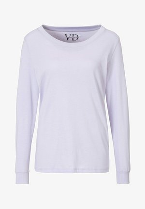 Long-sleeve light purple cotton shirt with a wide neckline, ribbed cuffs, and a smooth texture. Features a logo inside the collar.