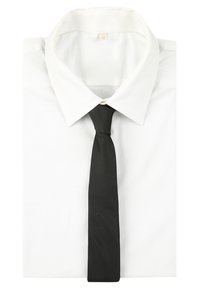 Camicia bianca a maniche lunghe con colletto classico, abbinata a una cravatta nera unita. Tessuto liscio, design con bottoni e etichetta di taglia media.