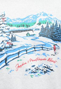 Grafický dizajn zimnej krajiny so zasneženými horami, ihličnatými stromami, chatkou a lyžiarom. Text znie "Jordan Mountainside Resort."