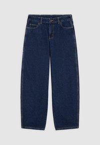 Mörkblå jeans med vida ben och hög midja, fem fickor och synliga sömmar. Tillverkade av denim med en slät yta.