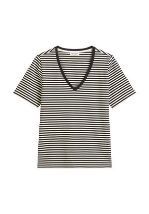 T-shirt rayé noir et blanc avec un décolleté en V et des manches courtes ; fabriqué en tissu doux avec une coupe décontractée et des bordures noires contrastantes.