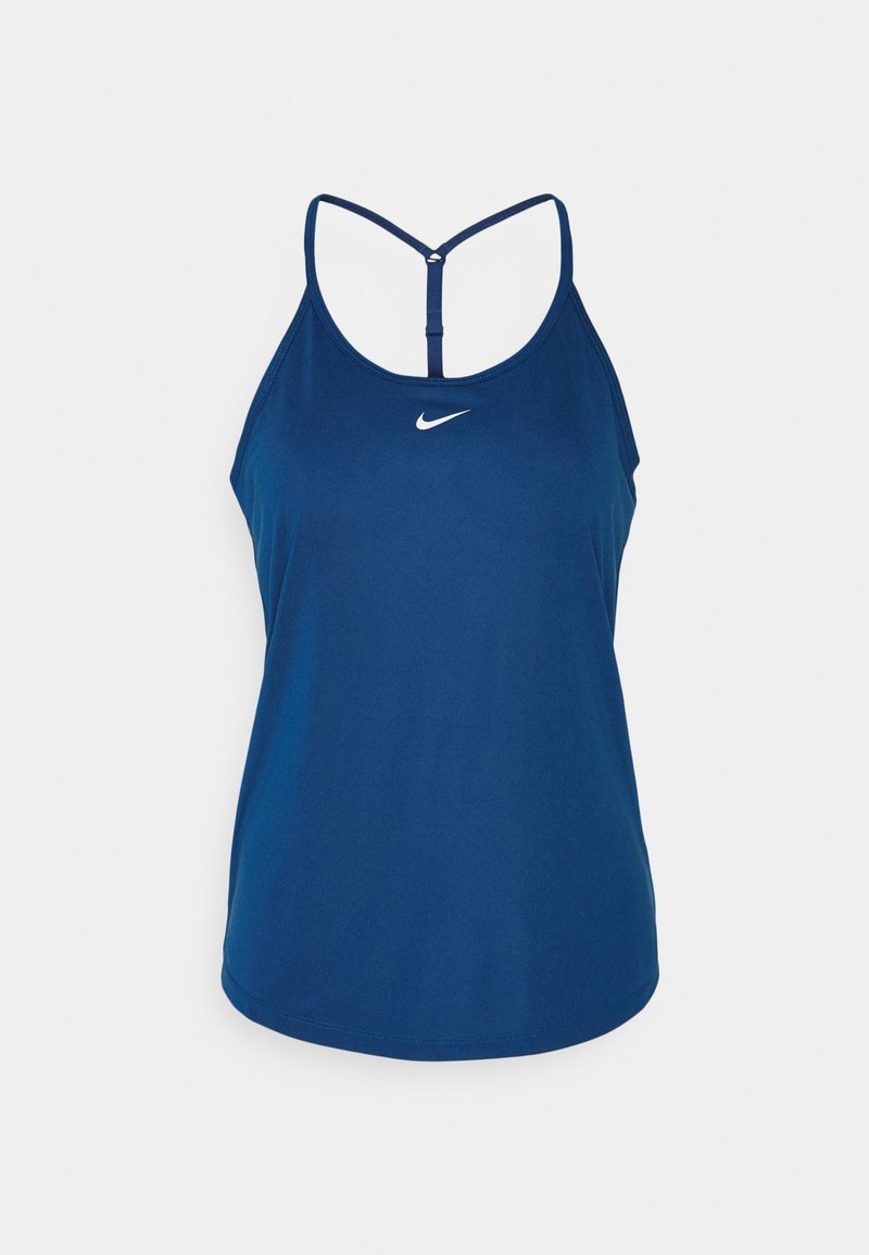 Canotta sportiva blu navy con spalline sottili, scollatura a cuore e un piccolo logo bianco della Nike sul petto. Tessuto liscio.