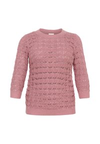 Helles rosa gestricktes Sweatshirt mit strukturiertem Muster, rundem Halsausschnitt und 3/4-Ärmeln. Ribbelige Säume und Manschetten für eine bessere Form.