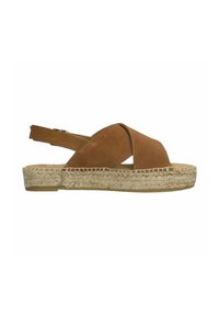 Sandale espadrille en suede marron avec des brides croisées et une bride de cheville réglable. Dotée d'une semelle en jute tressé pour une texture et une adhérence supplémentaires.