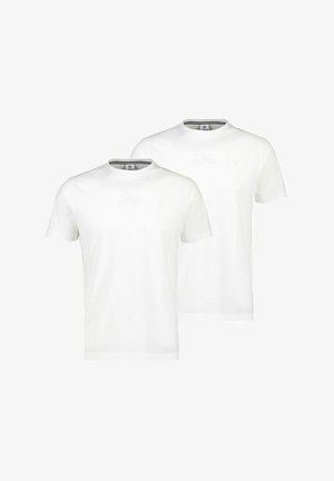 Zwei weiße Baumwoll-T-Shirts mit kurzen Ärmeln und Rundhalsausschnitt, die ein dezentes Logo auf der Brust und eine glatte Textur aufweisen.