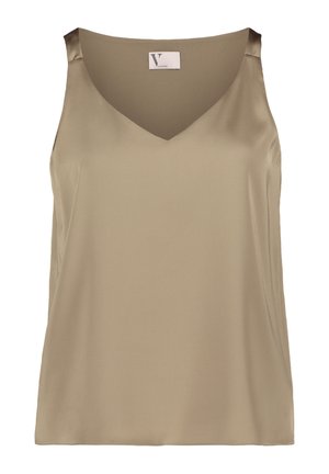 Satin olivgrünes Tanktop mit V-Ausschnitt, ärmellosem Design und glatter Textur. Hat einen subtilen Glanz und eine lässige Passform.
