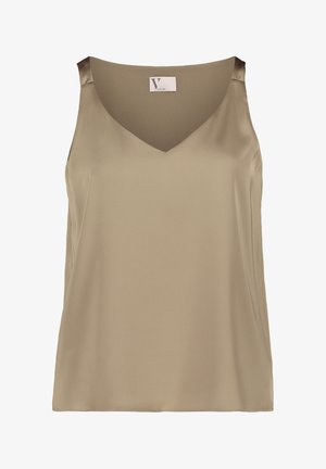 Satijnen olijfgroene tanktop met een V-hals, mouwloos ontwerp en een zachte textuur. Heeft een subtiele glans en een relaxte pasvorm.