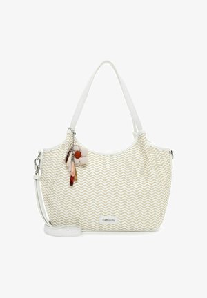 Weiße Tragetasche mit beigem Zickzackmuster, weißen Griffen, abnehmbarem Riemen und einem Blumenanhänger mit mehrfarbigen Perlen, der an einem Griff befestigt ist.