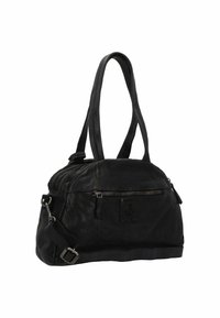 Borsa a mano in pelle nera con forma arrotondata, doppi manici, chiusura con zip e tasca esterna con un emblema ad ancora.