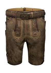 Bruna lädershorts med dekorativ broderi och en metallspänne. Har sidofickor och knappar längs benen.