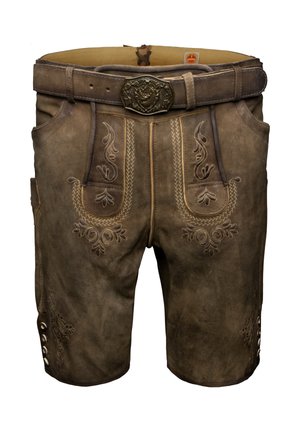 Brązowe skórzane szorty z dekoracyjnym haftem i metalowym zapięciem. Posiada boczne kieszenie i guziki zdobiące nogawki.