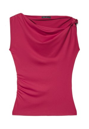 Haut asymétrique sans manches de couleur rose vif avec un col drapé et un détail noué sur une épaule, taille small.